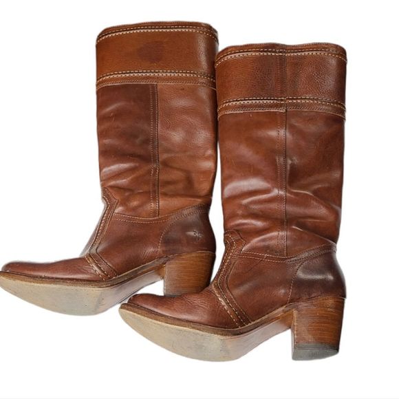 Frye Jane White Stitch Leather Heeled Boots Size 8 - Picture 4 of 12